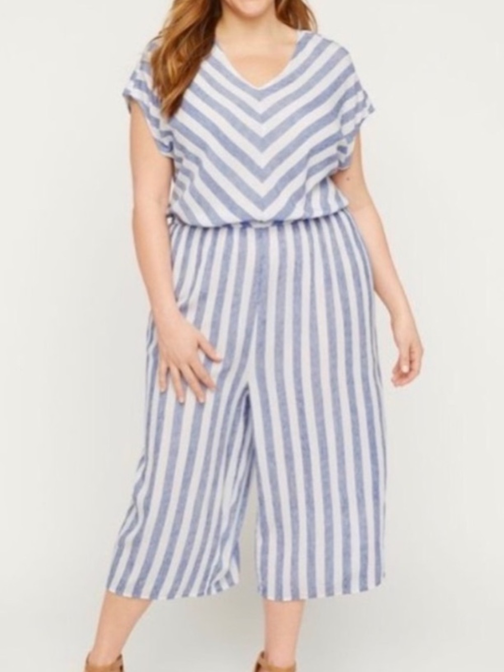Catherines Savannah Jumpsuit Blue White Stripe V-Neck Short Sleeve Crop Wide Leg